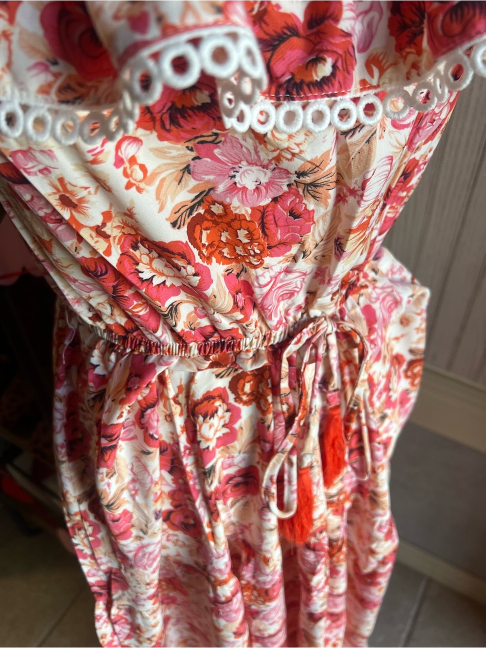 Off-Shoulder Floral Maxi Dress in Coral Pink Print - Picture 4 of 9